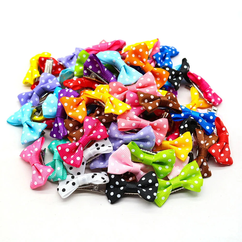 5PCS Pet Hair Clip Solid Color Polka Dot Dog Hair Decorated With Bow Hair Clip Wholesale Bulk Handmade Pet Beauty Products