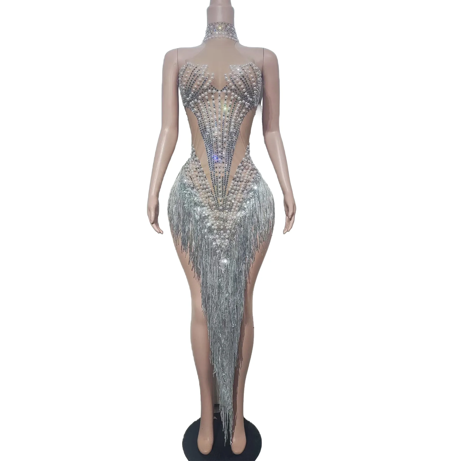 

Qiaoli Luxury Women Pearl Dress Perspective Mesh Tassel Dress Bar Stage Performance Costume Graduation Homecoming Prom Gowns