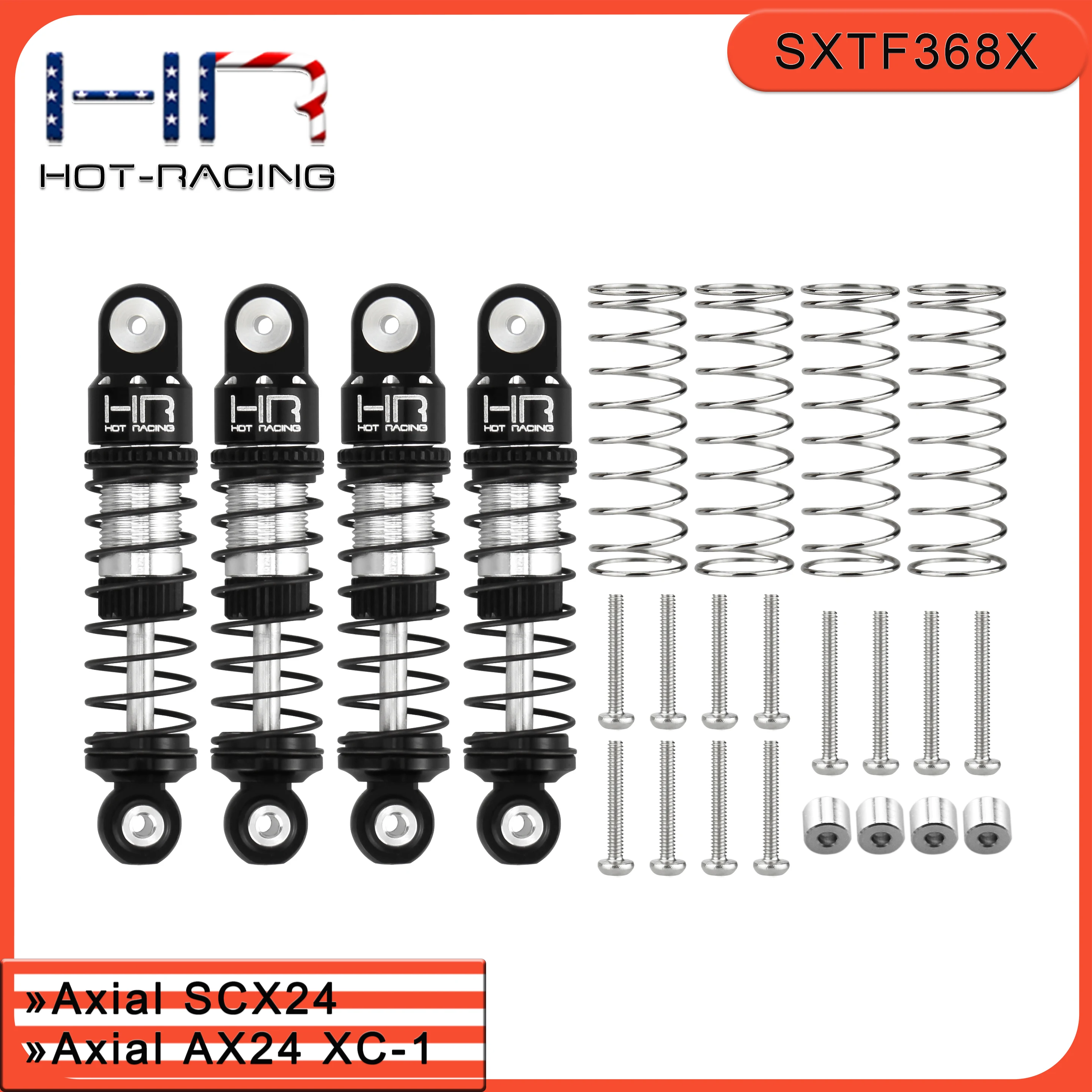 Hot Racing SXTF368X Big Bore Alum Oil Shocks 36mm for SCX24, Threaded Preload, Bladder, 4pc Springs, Replace AXI31612