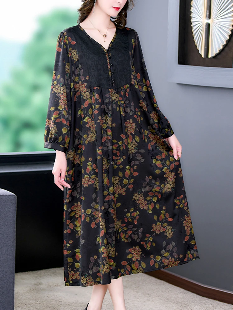 Women Korean Vintage Luxury Party Vestidos Summer Black Print Silk Batwing Sleeve Loose Dress 2024 Fashion Elegant Prom Dresses