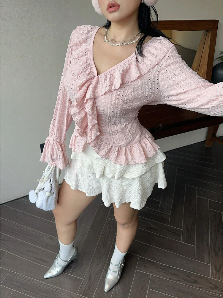 プラスサイズのレディースエレガントなフレンチフリルフレアスリーブ女性のブラウスピンク V ネックバブルスリーブ恋人