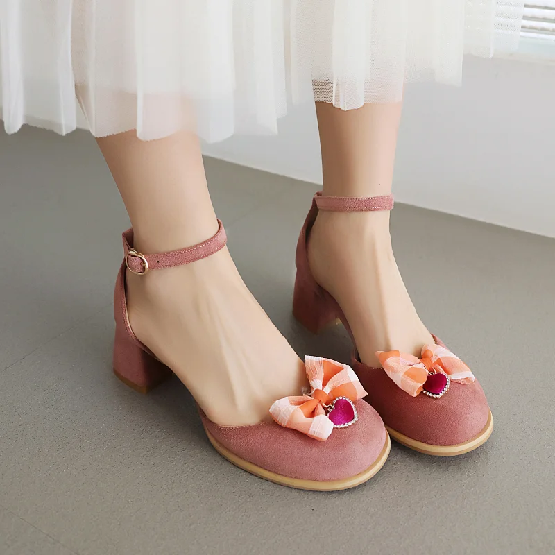 2023 Summer Sweet Cow Suede Two Pieces Ladies Sandals Bowtie Block Med Heels Pink Black Party Princess Shoes for Women Plus Size