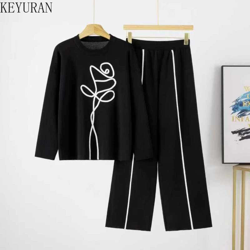 Koreaanse Elegante Bloemen Gebreide 2-delige Sets Vrouwen 2025 Herfst Winter Truien Trui en Hoge Taille Rok Sets Outfits