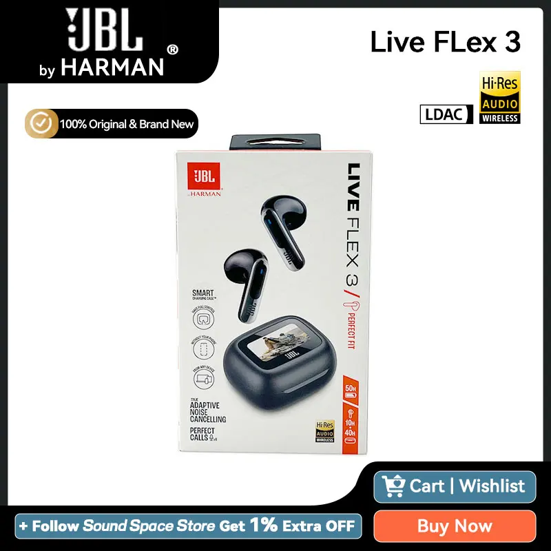 JBL Live Flex 3 True Wireless Noise Cancelling Earbuds with Smart Charging Case Hi-Res LDAC Multi-point Connection 50H Playtime