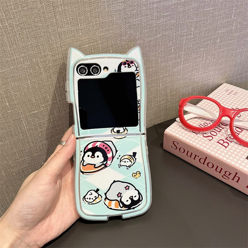 Cute Duck Lanyard Phone Case For Samsung Galaxy Z Flip 6 5 4 3 ZFlip6 Z Flip6 ZFlip 6 Cat Ears Shockproof Cover Wiith Hand Strap