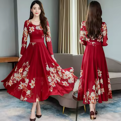 Vestido Elegante de Comprimento Médio com Estampa Floral, Tamanho Plus, Manga Longa, Estilo Coreano, Moda Feminina