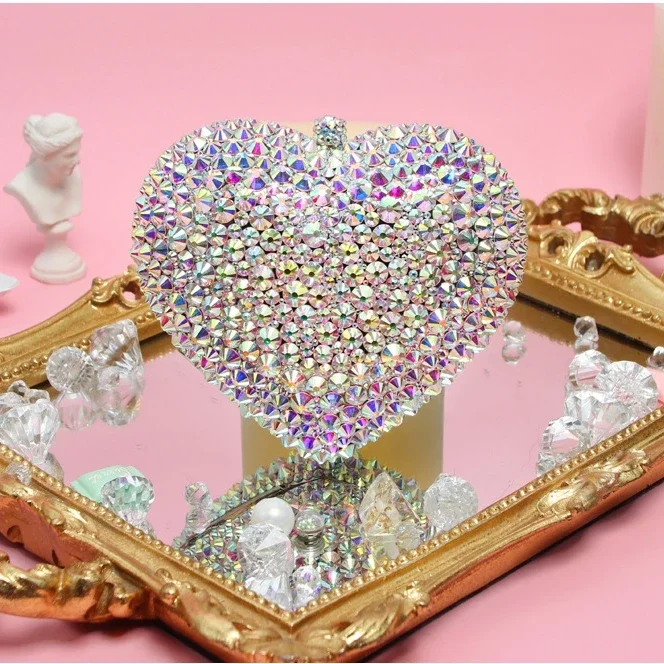 Heart Lady Silver/Purple/Red/Pink/Blue Stones Clutch Purse Women Evening Bags Wedding Bridal Clutches Party Rhinestone Purses