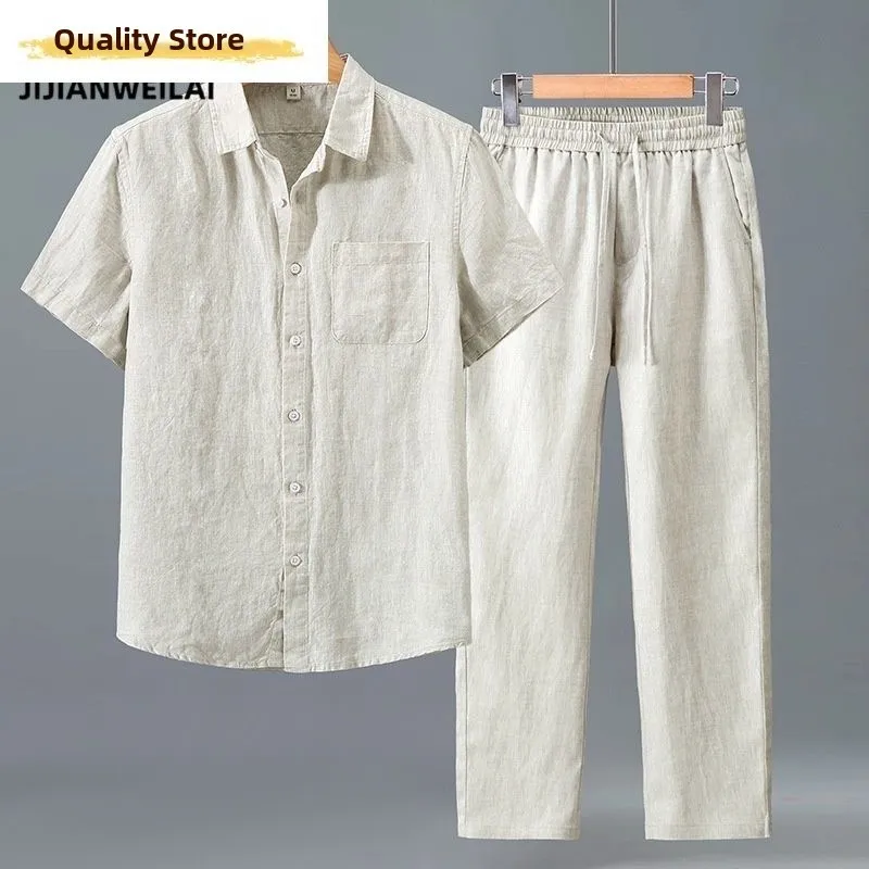 

Loose Fit Pure Linen Short Sleeve Men's Set Breathable Comfortable Shirt Lightweight Luxury Feeling Pants Two Piece Set