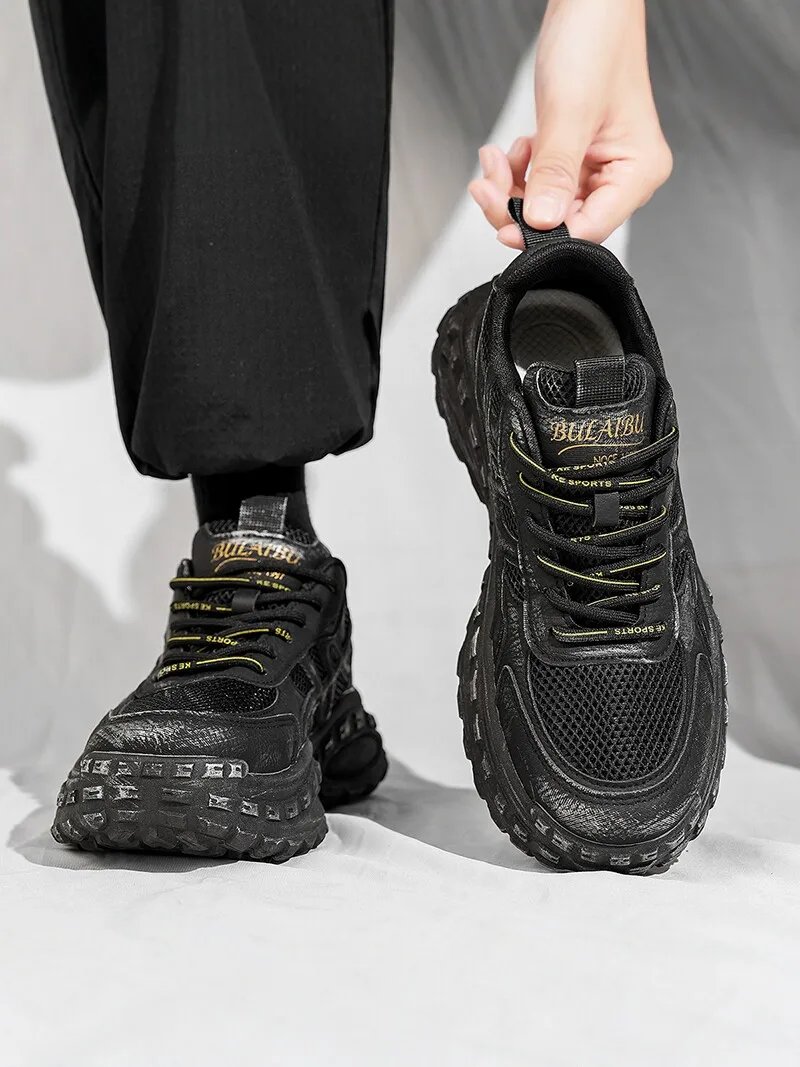 Black Samurai Men's Shoes 2026 New Autumn Mesh Tire Sole Anti-Slip Sports Casual Dad Shoes Breathable Low Top round Toe Rubber