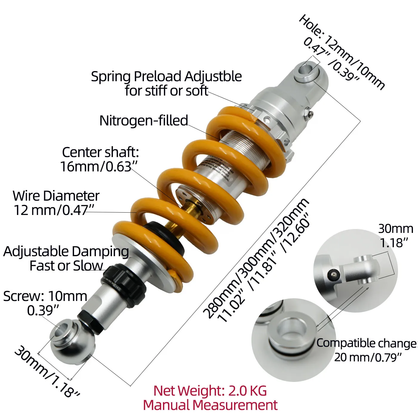 

Universal Rear shock Modification 280/300/320mm for SuzukiGX250/HaojueDR150S/Honda CB190//KawasakiEX6n dirt/Sportbikes Cafe Race
