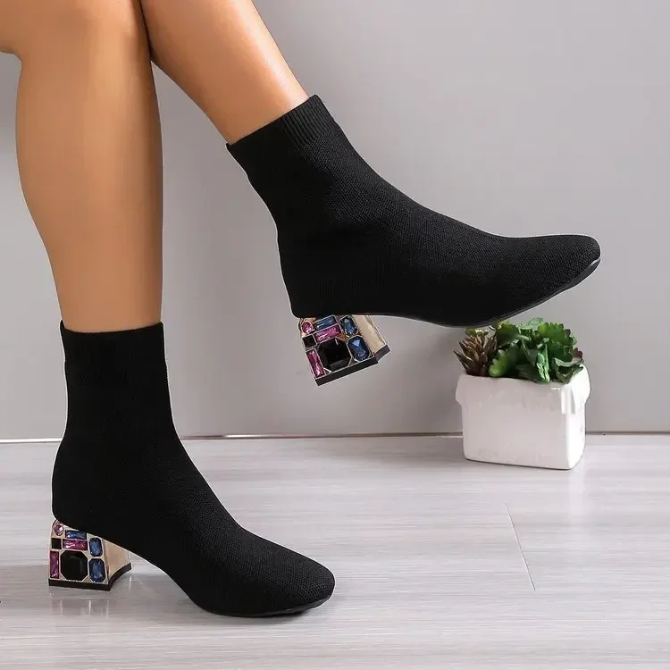 Women Hot Sale High Heels Short Boots 2023 Winter Designer Square Toe Mesh Breathable Stretch Sock Boots Slip on Platform Shoes