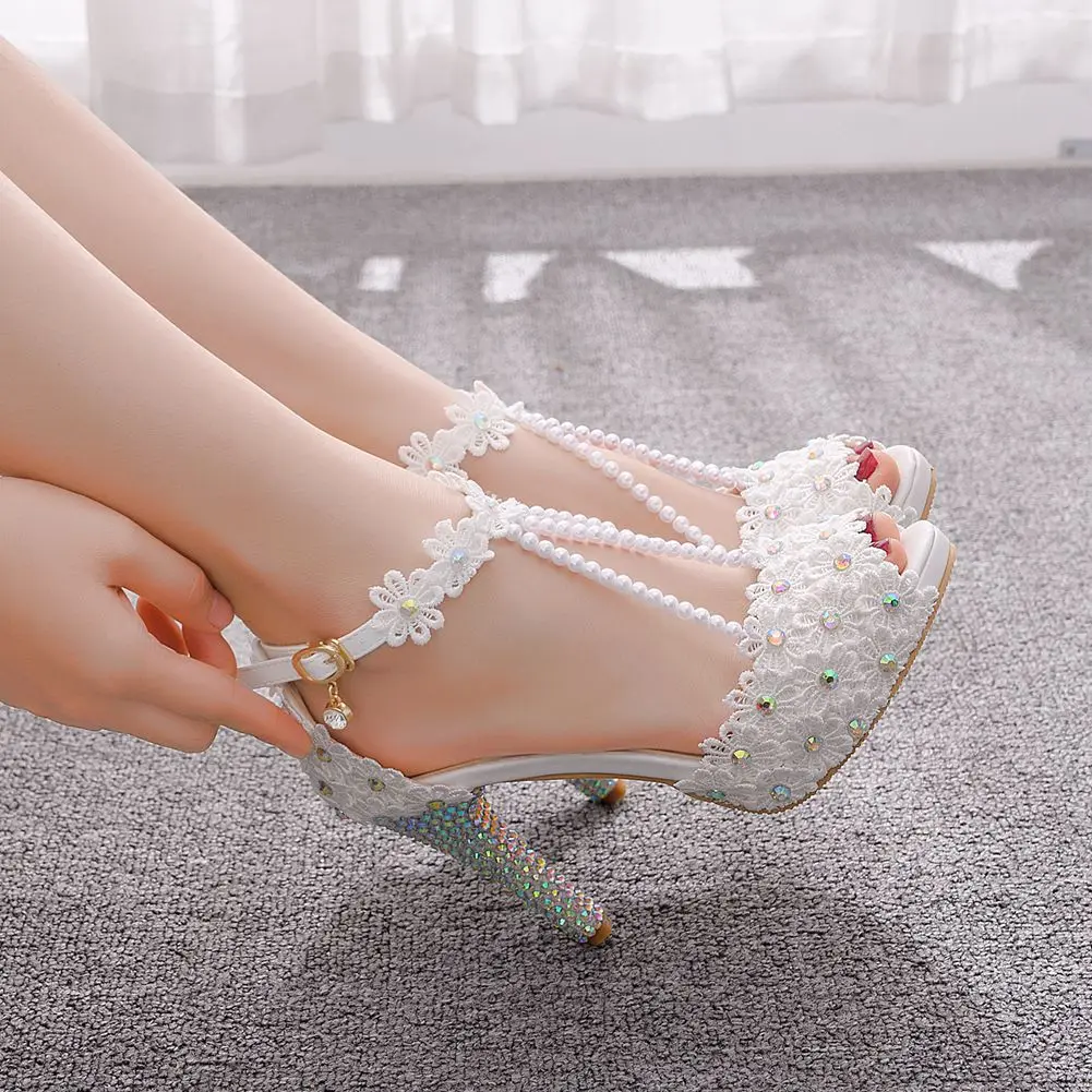 Ladies Elegant Summer Pumps Open Toe Party Lace String Bead PU 10CM Thin Heels Hollow Casual Strap Woman Shoes Dress White