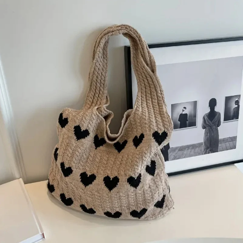 Bolso de hombro de punto albaricoque para mujer, bolso de compras tejido de moda, bolso portátil de lana de alta calidad, 1 paquete