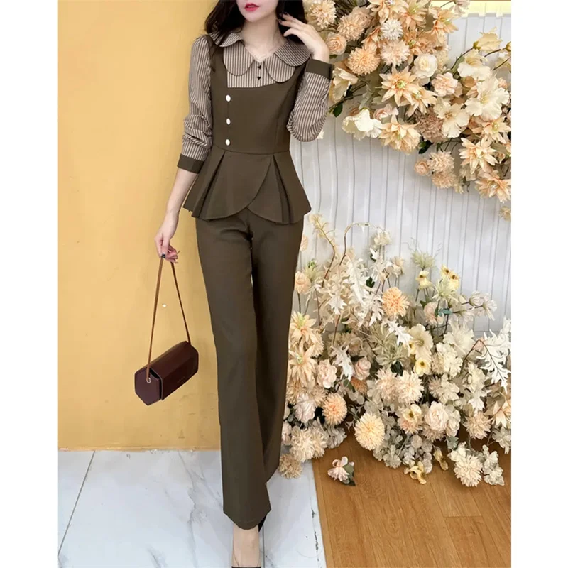 2024 Spring and Autumn New Fashion Ladies Set Retro Slim and Age-reducing Stripe Spliced Top Straight Pants Two-piece Suit Woman