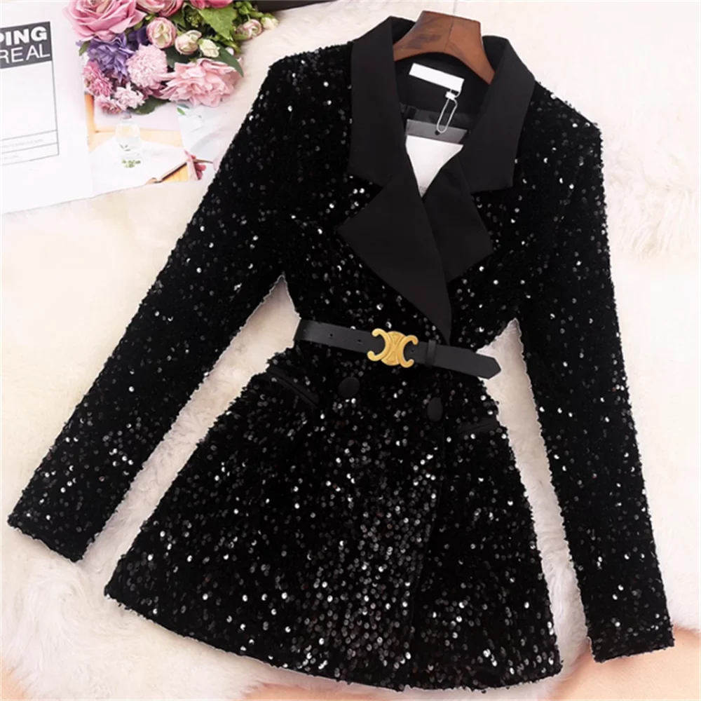 

Winter new style women sequin suit collar sparkle beaded coat belt