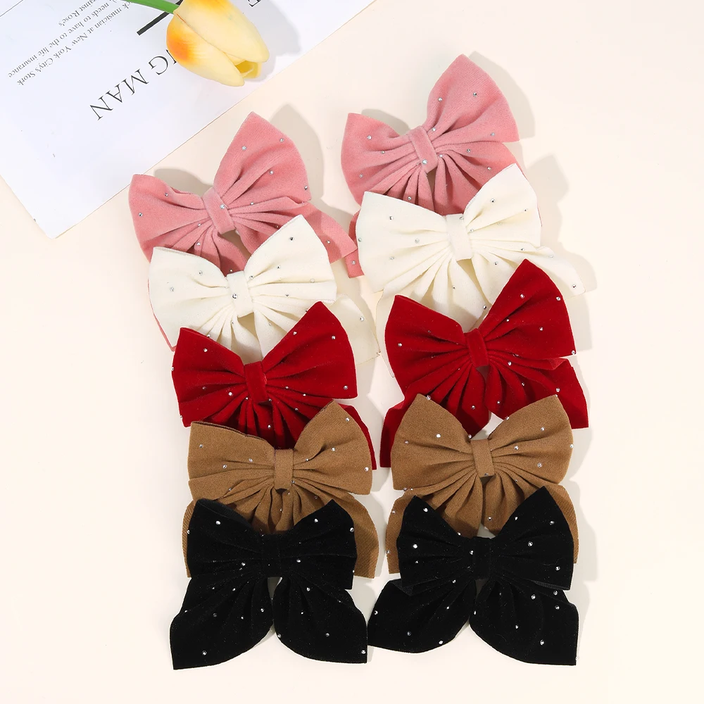 

10Pcs Rhinestone Bow Hair Clips Sparkling Multicolor Velvet Bownot Hairpins For Baby Girls Children Headdress Accessories