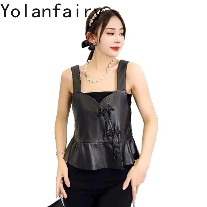 YOLANFAIRY Women Slim Short Low Neck Wrap Tube Top 2026 Autumn Elegant Black Genuine Sheepskin Sleeveless Camisole Outer Vest