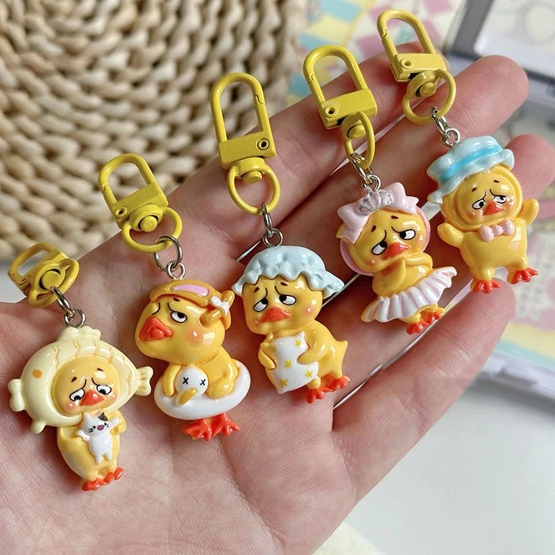 Kawaii Upsetduck Yellow Duck Resin Doll Keychain Pendant Keyring For Girls Backpack Charm Headphone Case Accessories Couple Gift