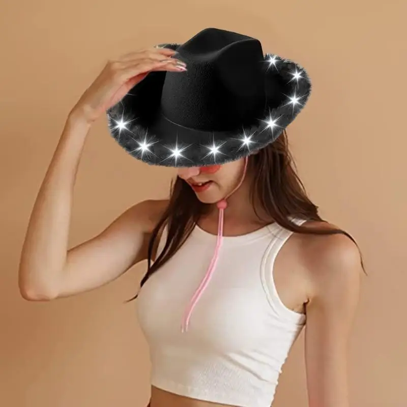 M6CD LED وامض قبعة رعاة البقر واسعة الحواف متوهجة نادي قبعة الكبار مرحلة العروض قبعة موضوع أغطية الرأس الطرف