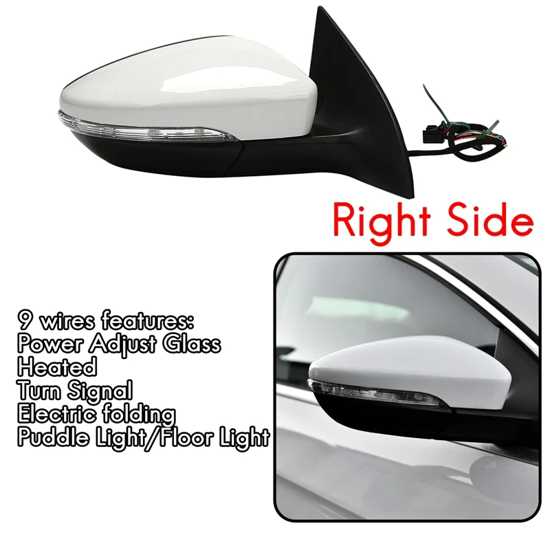 Side Rear View Mirror Assembly Power Heated Folding Turn Signal 9 Wires For Passat CC 2008-2018 RH White