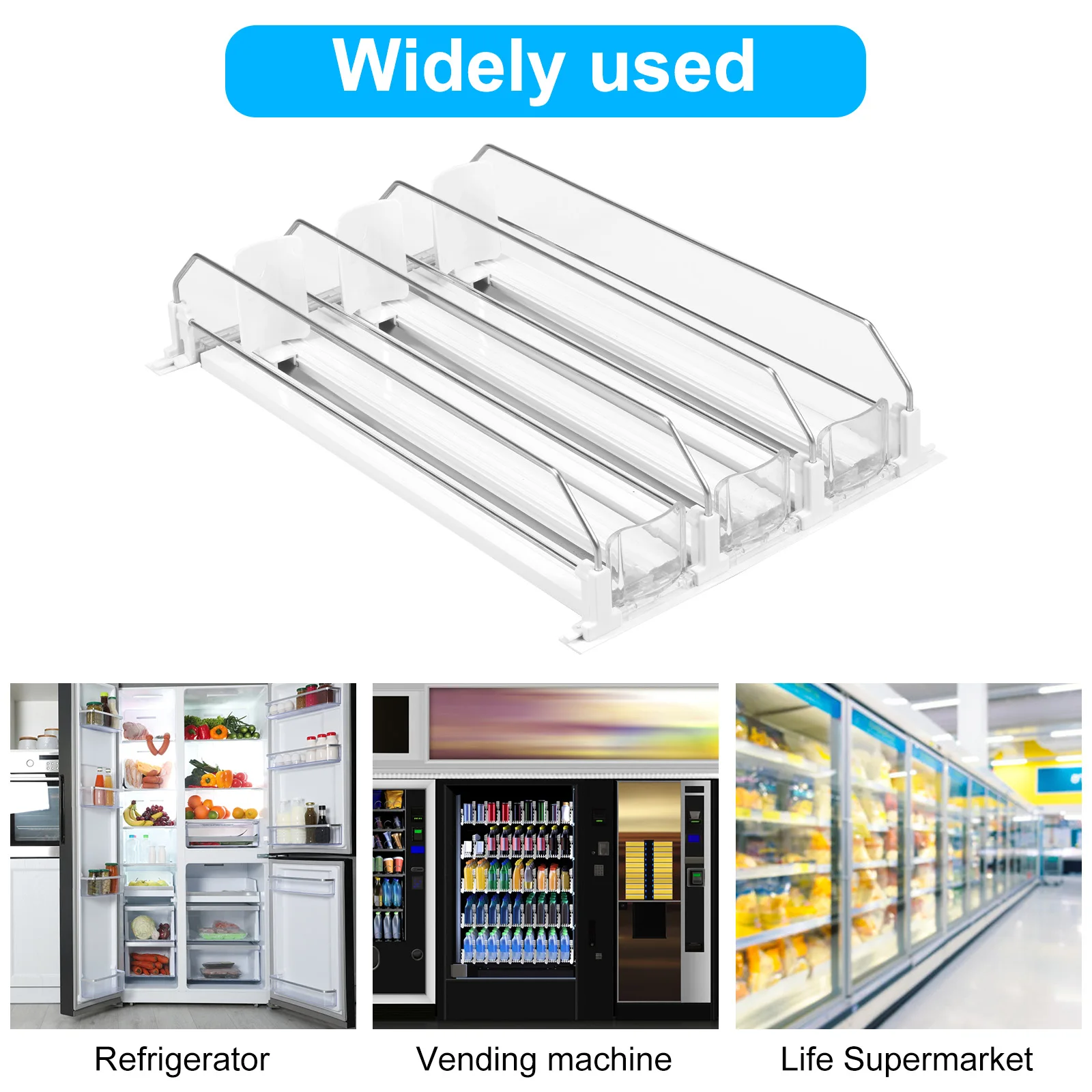 Drink Organizer Pusher Adjustable Width Soda Can Bottle Pusher E-shaped Glide Dispenser Spring Push Can Shelf for Kitchen Fridge