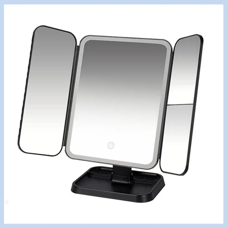 Specchio per trucco triplo pieghevole Specchio per trucco per dormitorio con luce a LED Specchio per trucco intelligente Specchio per luce di riempimento Nero Facile da usare