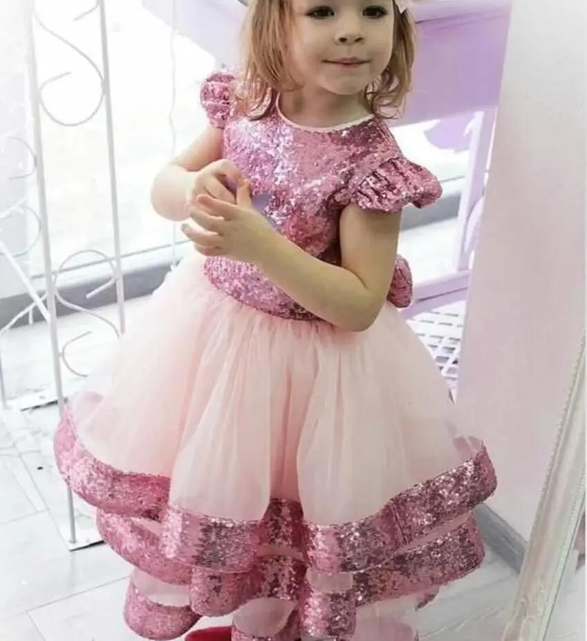 

Glitter Sequined Flower Girls Dresses with Cap Sleeve Girls Celebrity Gowns Kid Birthday Dress Big Bow Child 1 2 4 6 8 10T