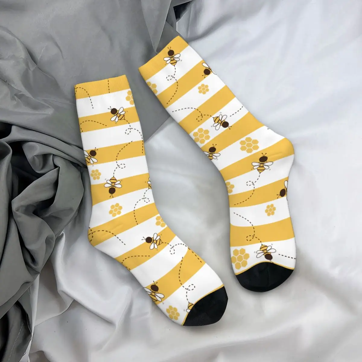 Winter Warm Harajuku Men\'s Women\'s Bee Cartoons And Honeycomb Yellow White Stripe Socks Non-slip Football Socks