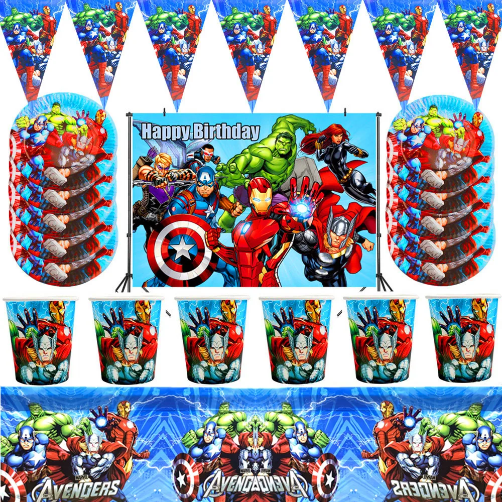 Avengers super-herói fontes de festa decorações crianças aniversário descartável utensílios de mesa toalha de mesa tema de festa de super-heróis favores menino conjunto