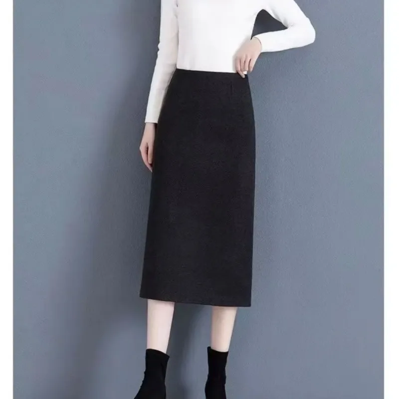 New Wool Skirt Autumn Winter Medium-length High-waisted Slimming Versatile One-step Slit Straight Skirt WJ292