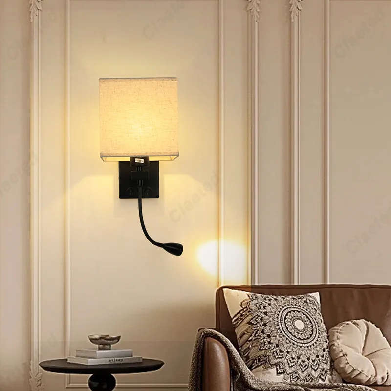 LED Fabric Lampshade E27 with Switch Wall Light USB Charging Port Adjustable Angle Spotlight Bedroom Bedside Reading Light