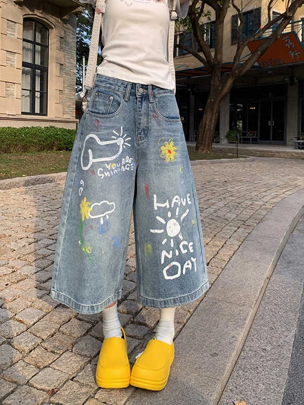 

High Waist Loose Wide Leg Jeans Women's Summer 2026 New Graffiti Print Seven-Five Shorts Eight-Piece Casual Cotton Blend