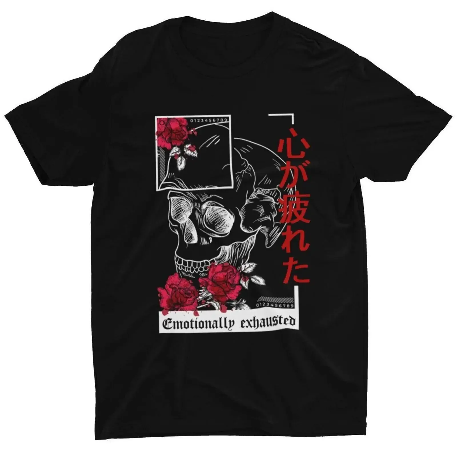 Emotionally Exhausted Japanese Gothic Kanji T Shirt Harajuku Skull Goth Aesthetic Emo Grunge Oversized Casual vintage Washed