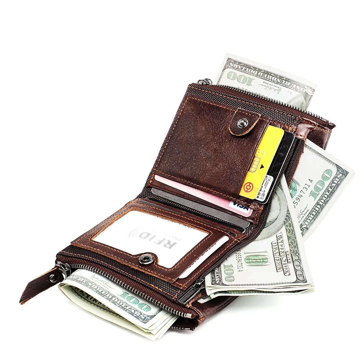 Genuine Leather Short Men RFID Wallets Name Engraving Leather Card Holder Brand Men Retro Coin Pocket Zipper Male Wallet