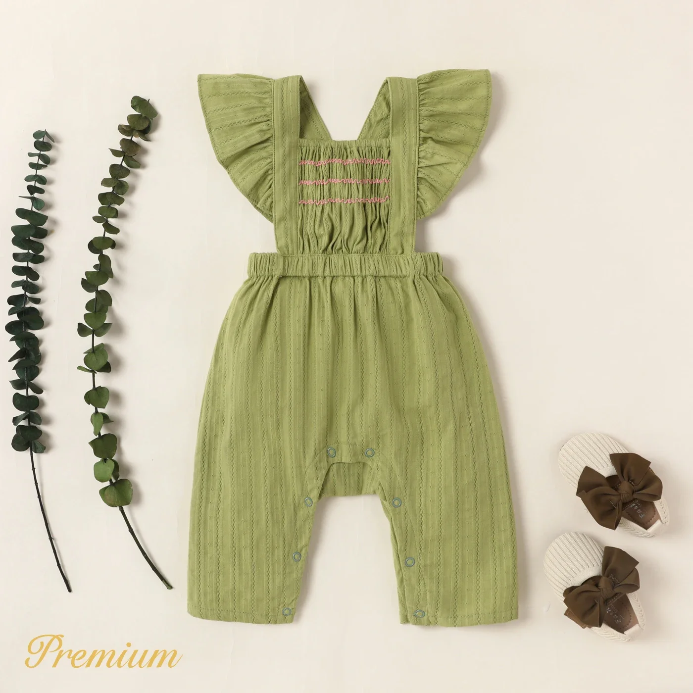 PatPat Baby Girl 100% Cotton Textured Solid Textured Ruffled Overalls Pants Soft and Comfortable  Perfect for Outings