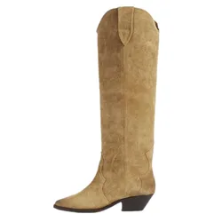 Stivali da cavaliere da donna stivali alti da donna in pelle scamosciata di mucca albicocca Slip On tacchi robusti scarpe da donna Botas De Mujer