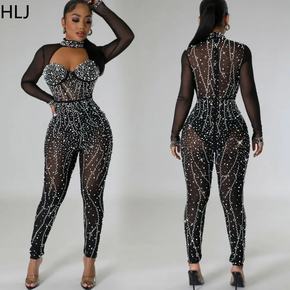 

HLJ Sexy Luxury Rhinestones Bodycon Party Nightclub Jumpsuits Women Round Neck Long Sleeve Mesh Playsuits Fashion Slim Overalls