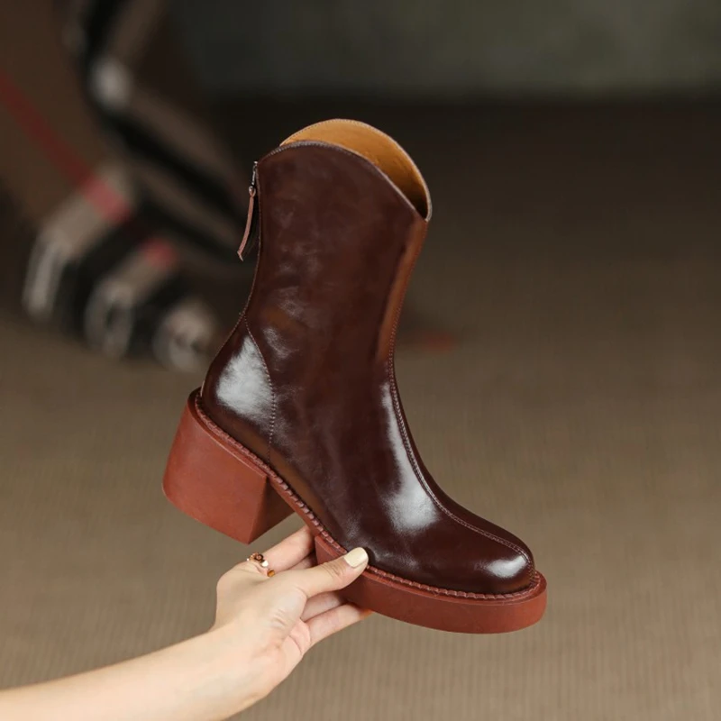 New Winter Split Leather Women shoes Platform boots 2024 Fashion Women Boots Round Toe Chunky Boots Women Solid Women Shoes