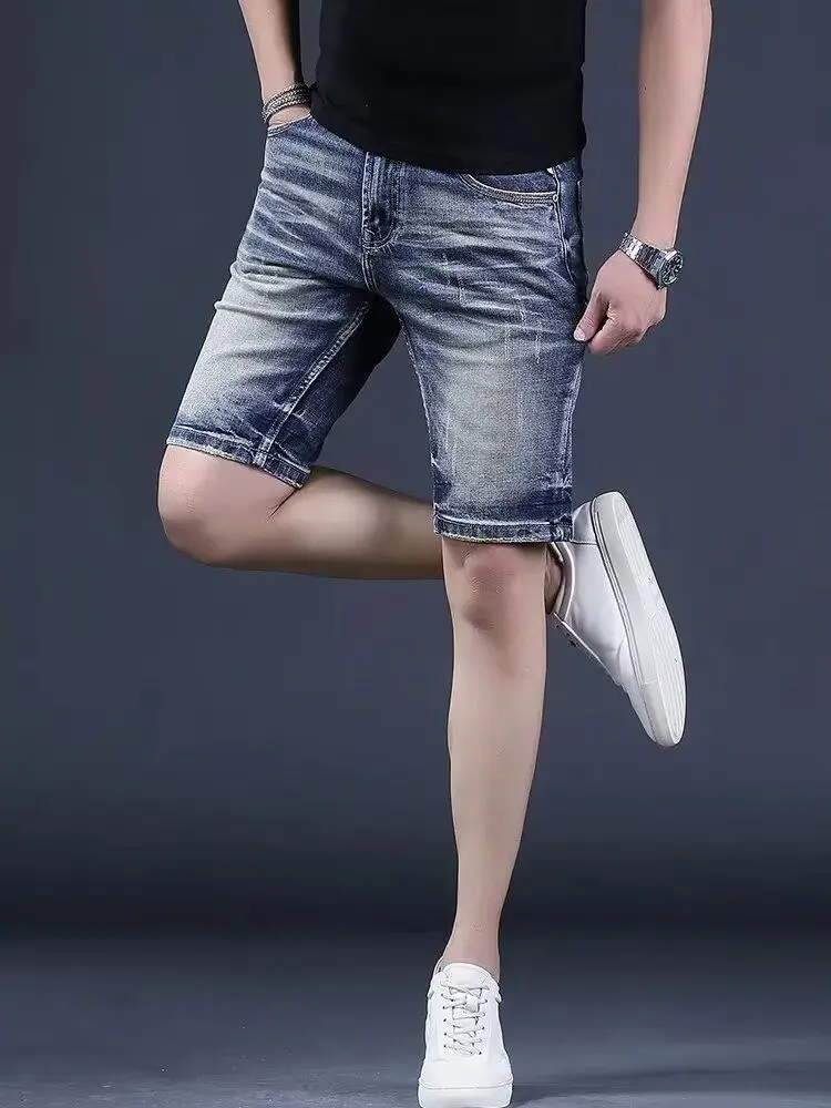 New 2026 Summer Men's Denim Shorts Slim-fit Trendy Half Pants Elastic Ripped Thin Medium Casual New Work Pants Man Jean Shorts