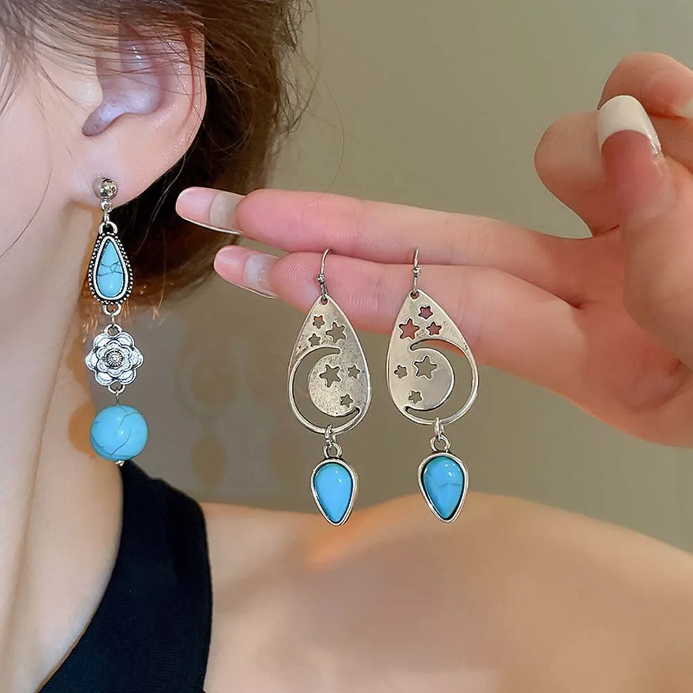 Water Droplet Shape Western Country Earrings Moon Stars Alloy Earrings Fashion Ornament Turquoise Earrings Jewelry accessories