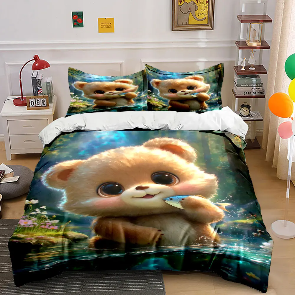 Cute bear in forest stream Print Bedding Set 1 Duvet Cover 2 Pillowcases for Adult and Children Luxury Gift Full Size