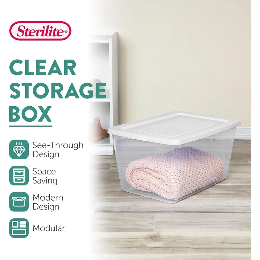 6-Pack Clear Storage Box, Stackable Container Bins with Lids, 58 Qt, White – Plastic Containers or Home, Closet, Bathroom, and O