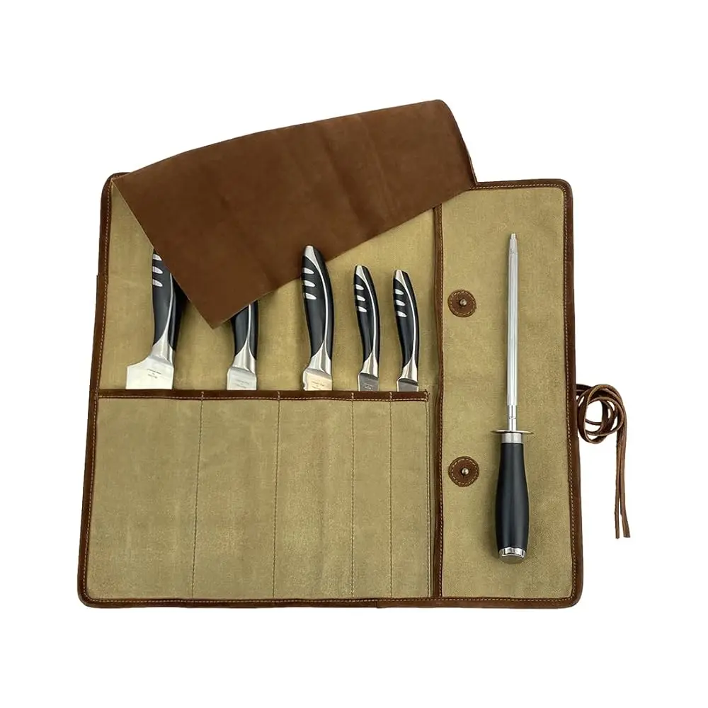 

, Rustic Knife Roll Case (5 Pockets), Compact Carry-On Bag For Traveling Chefs & Cooks, Kitchen Tool Storage Organizer,