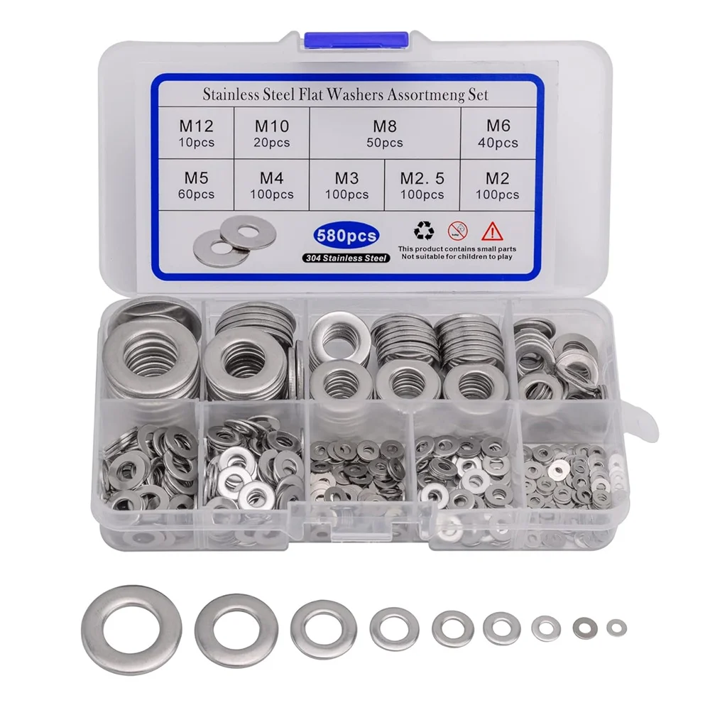 580Pcs Assorted 304 Stainless Steel Flat Washers Assortment Set Sealing Ring Gasket Fastener Round Spacer Metal Screw Washer Kit