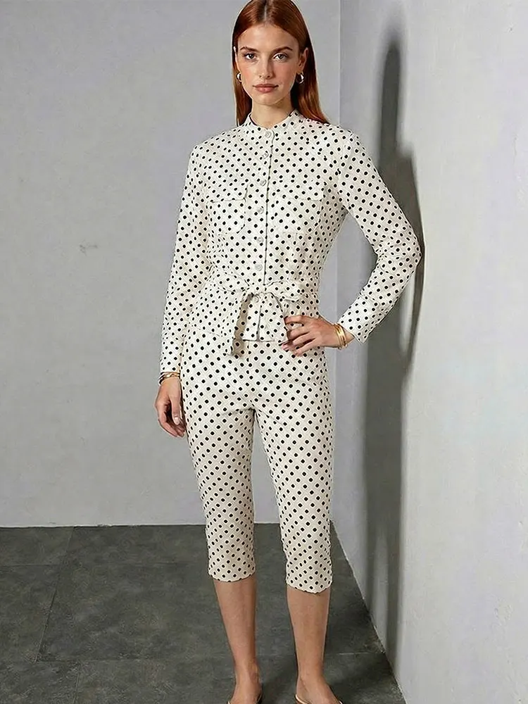 HH Women Fashion 2 Piece Pant Sets Polka Dot Lace Up Button Jacket Casual Cropped Trousers Female Vintage Commute Clothing Suit