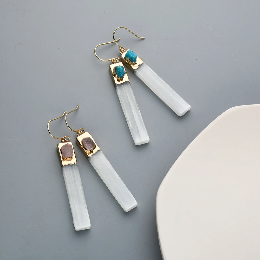 Natural Selenite Plaster Dangle Earring Tourmaline Rock Mineral Reiki Healing Energy Stone Charm Earrings For Women Wedding Gift