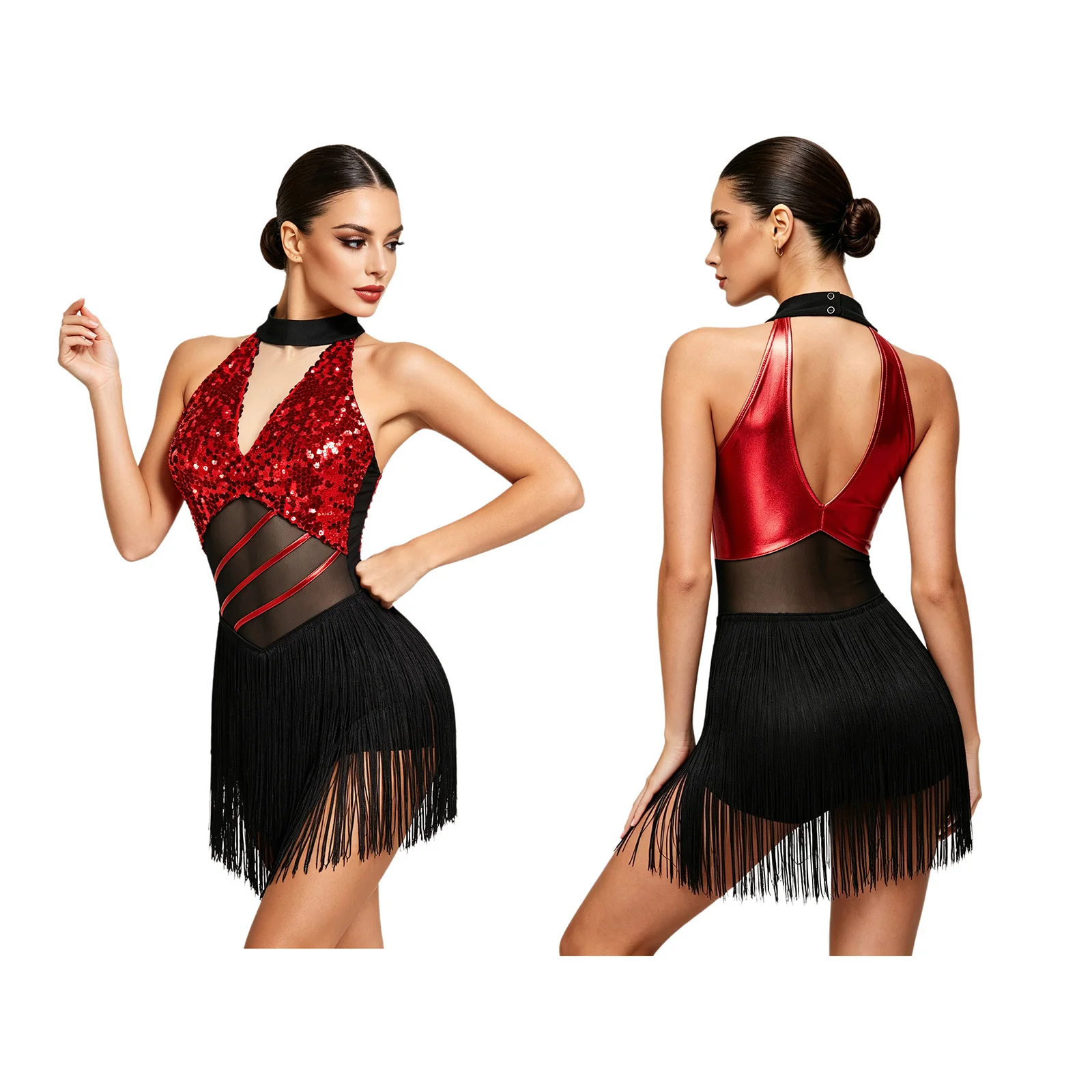 Women Tango Latin Dance Leotard Dress Sleeveless Mesh Metallic Shiny Sequins Bodice Tassels Dresses for Ballroom Dance Show
