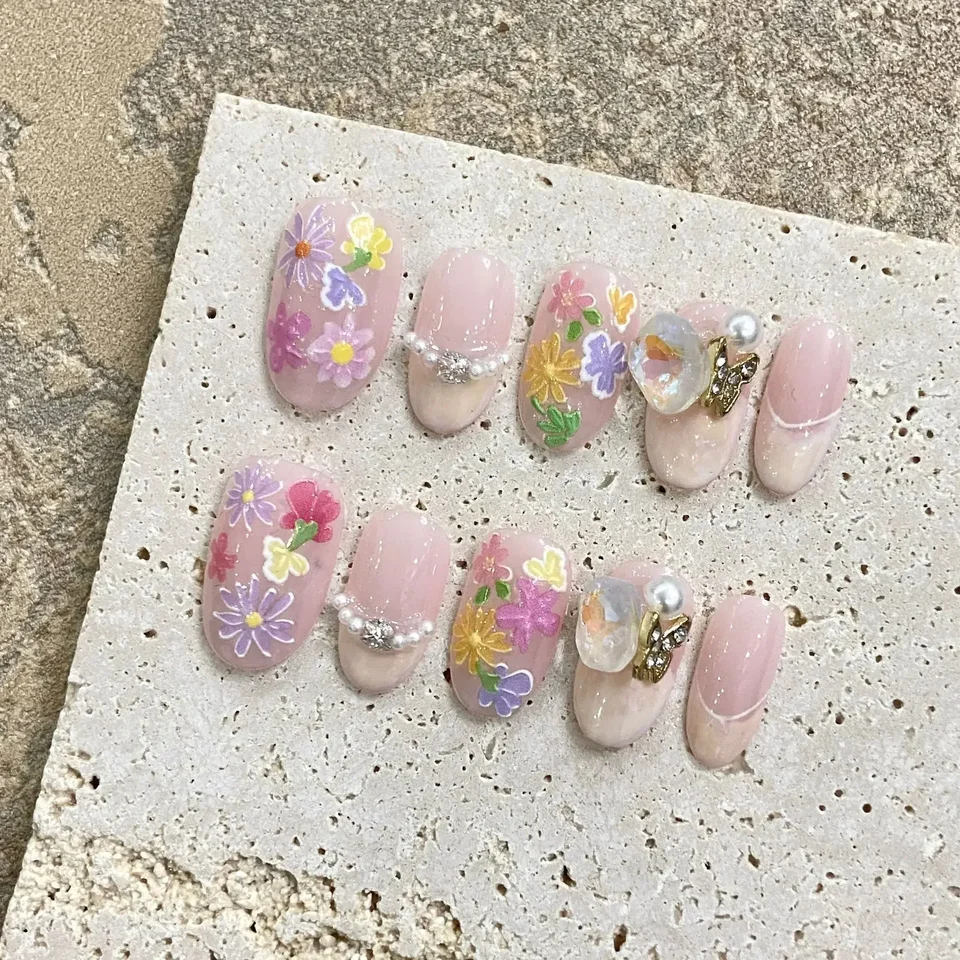 10 uñas postizas hechas a mano, rosadas, de presión, francesas con pedrería, cubierta completa, cuadros, manicura, reutilizables 3