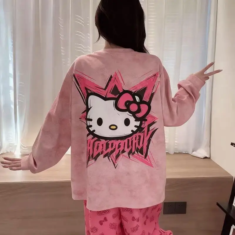 Pajamas for Women Sanrio Spring New Hello Kitty Cute Long-Sleeved Trousers Suit Loose Plus Size Girls Home Wear with Chest Pads