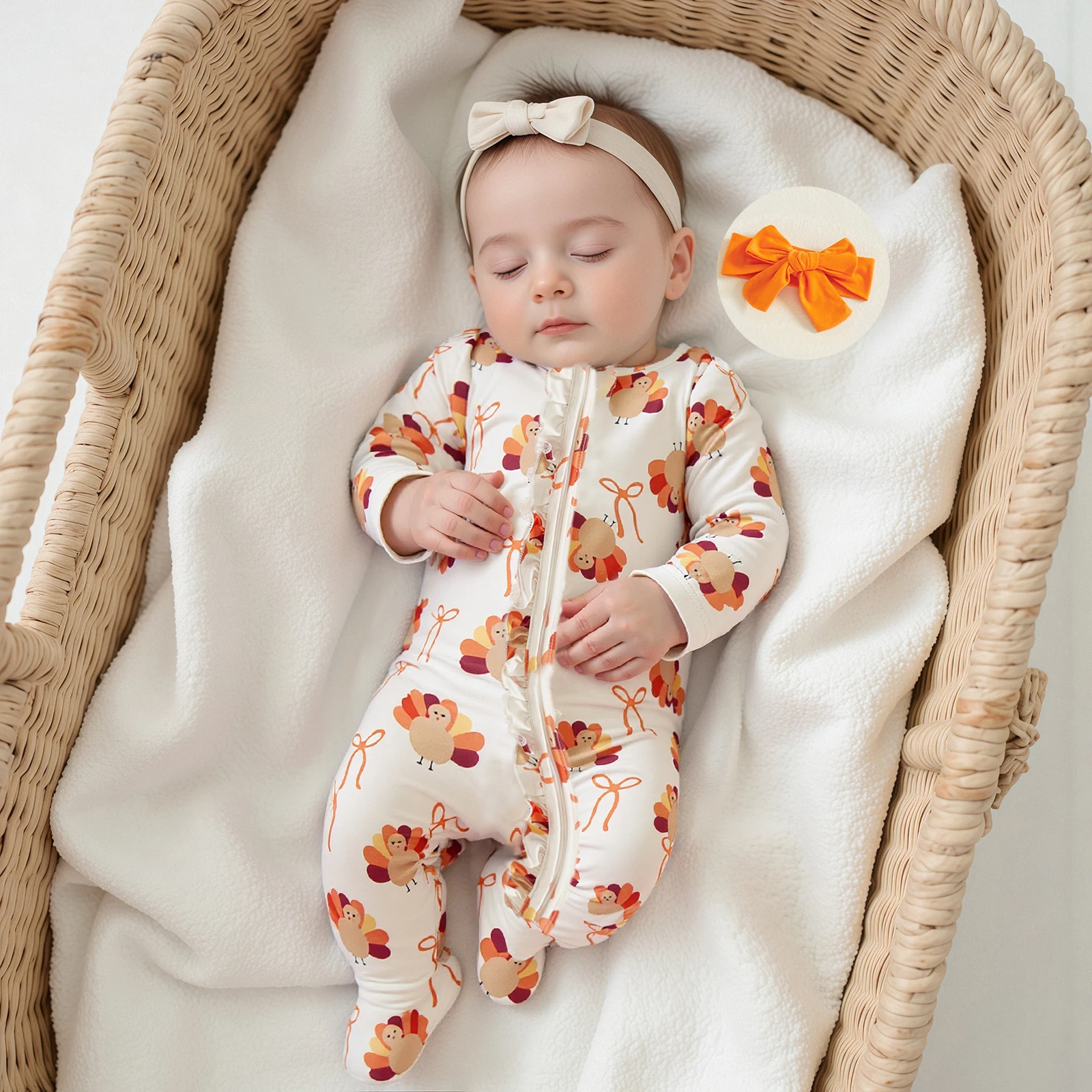 Newborn Baby Girl Thanksgiving Romper Bow Turkey Print Long Sleeve Zip Up Round Neck Footed Jumpsuit with Headband